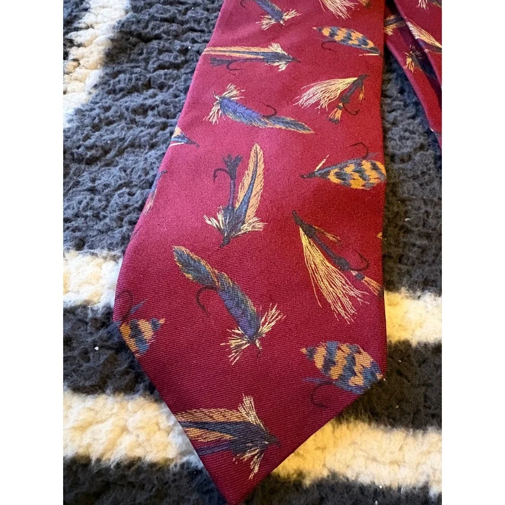 Ferrell Reed Mens Silk Tie Burgundy Red Fly Fishing Lures Feathers Made in USA
